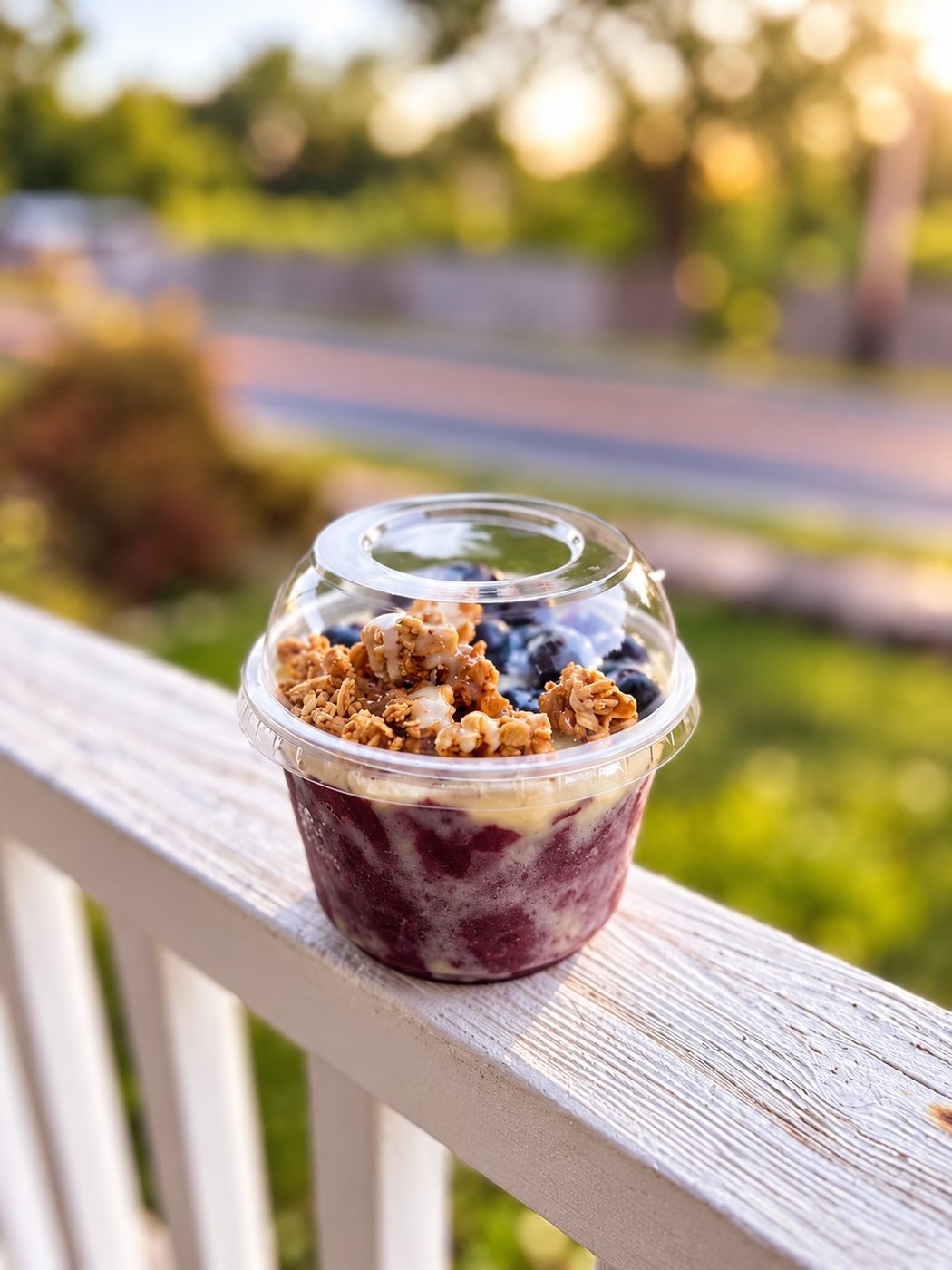 Small açaí cup topped with granola and blueberries